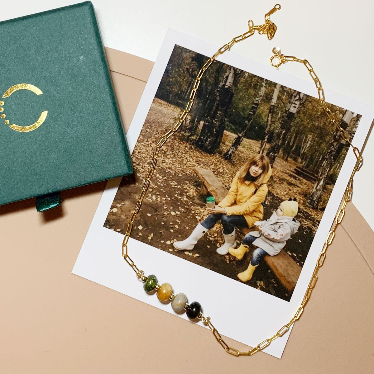 collier personnalisé en or laminé représentant une photo avec quatre perles