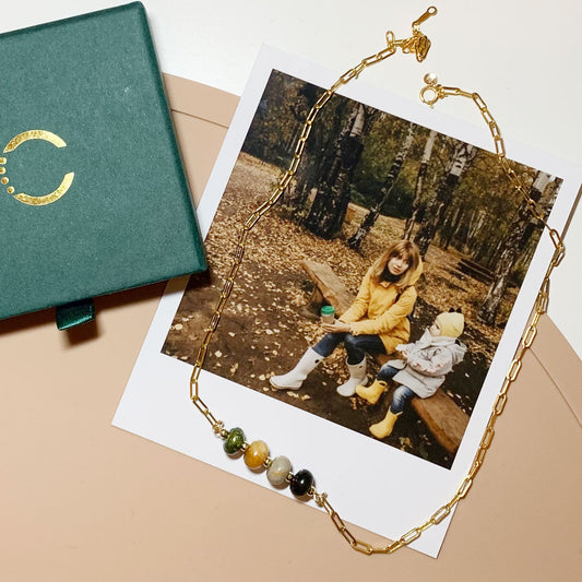 collier personnalisé en or laminé représentant une photo avec quatre perles