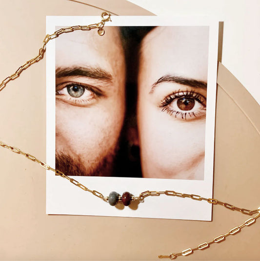 collier personnalisé en gold filled représentant les yeux de deux personnes